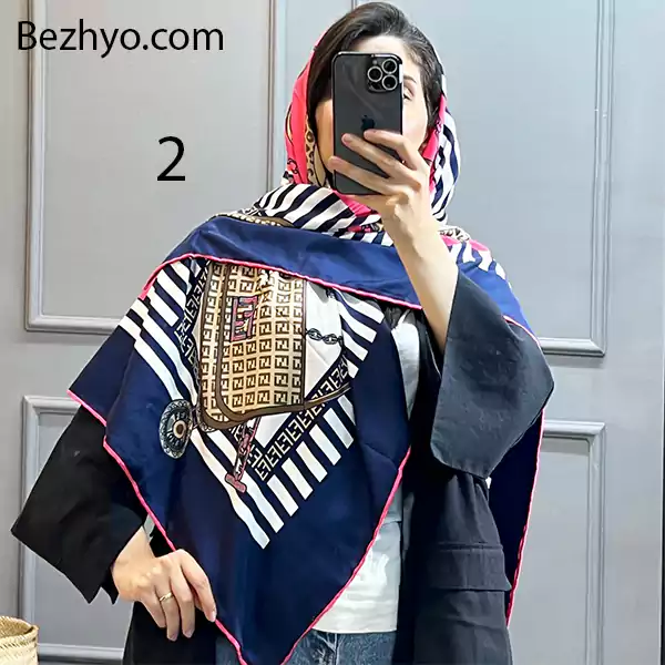روسری توییل فندی دارای حاشیه سرمه ای
