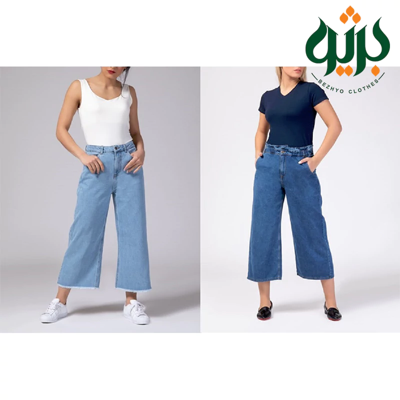 شلوار جین سه ربع دارای رنگ آبی تیره و روشن