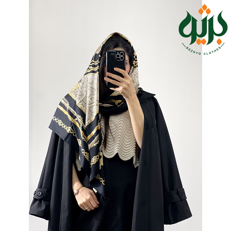 سرخور روسری ابریشم مشکی‌ طلایی (کد 28644)