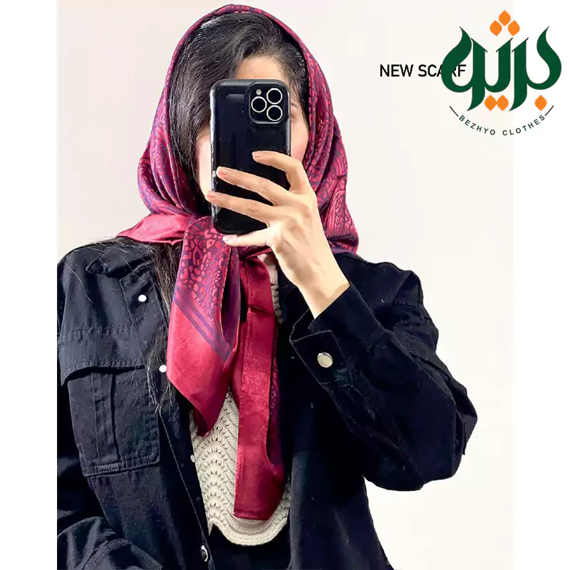 روسری ژاکارد شاین وارداتی (کد 28646) نمای سرخور رنگ زرشکی